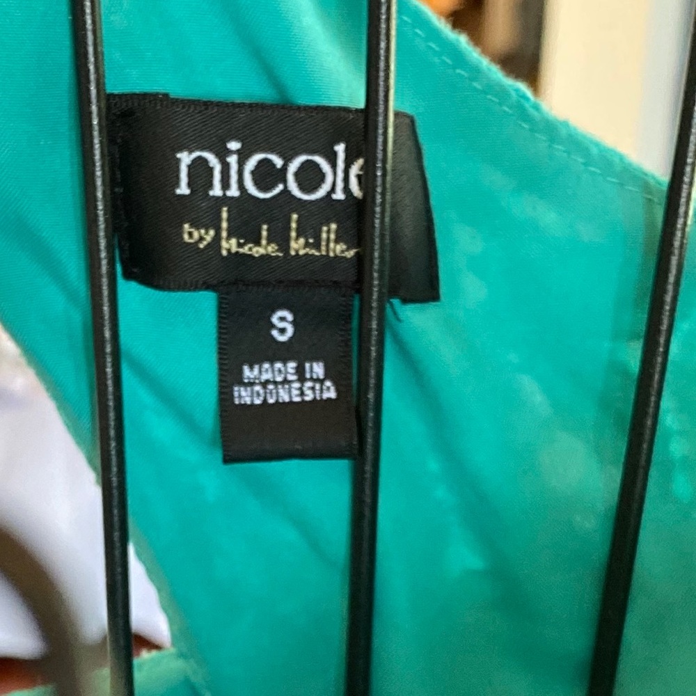 🦚 Nicole Miller Teal Lace Peplum V Neck Blouse S - Picture 7 of 7
